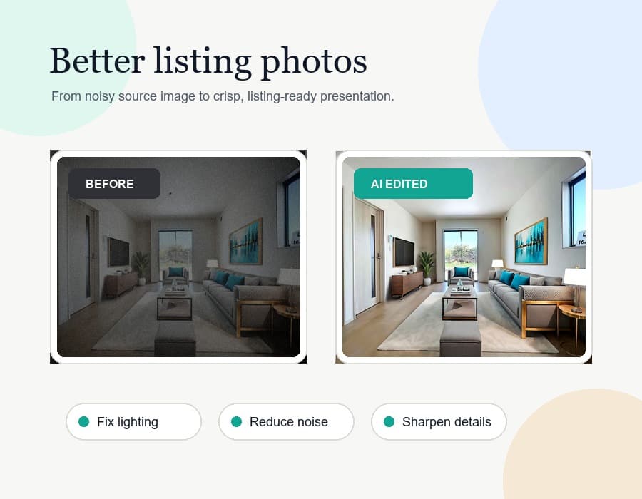 Editorial illustration showing AI photo editing improving listing photos for real estate photographers.
