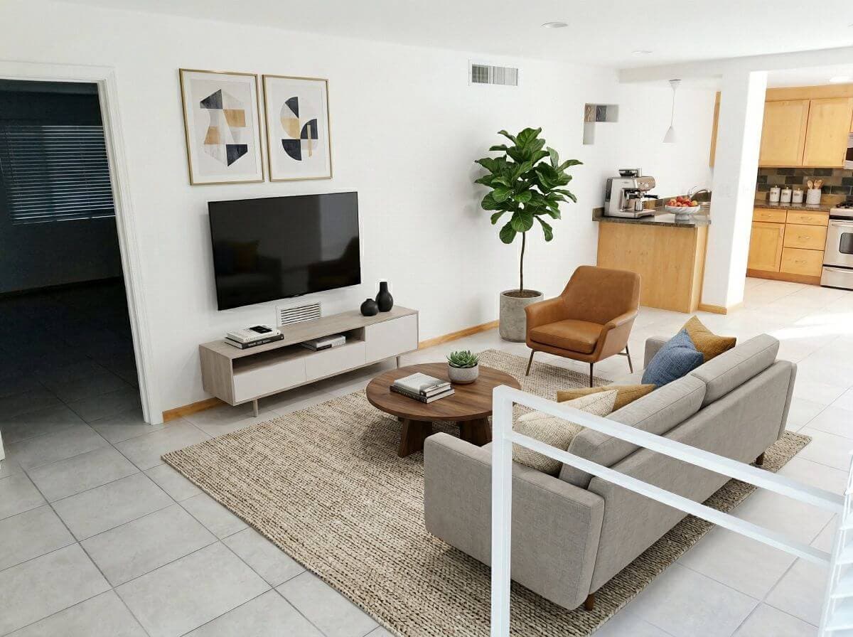 AI staged living room prepared for a real estate listing