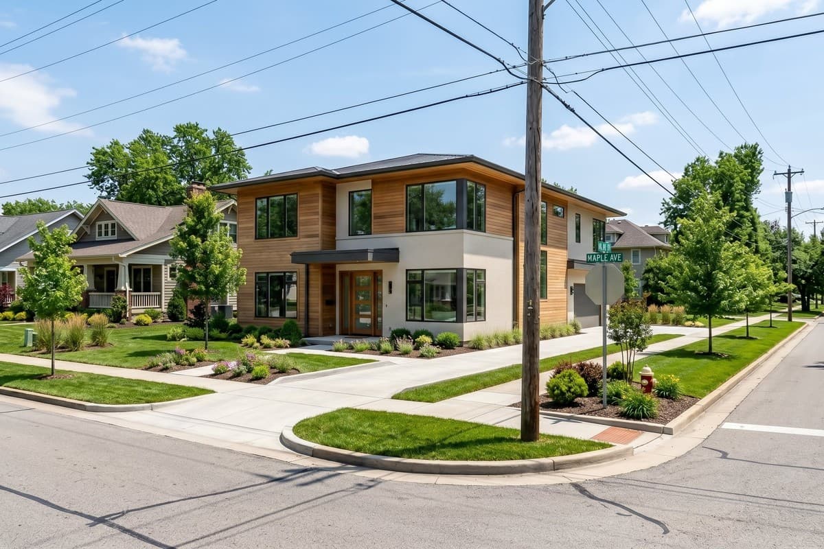 Modern family home rendering on a suburban corner lot