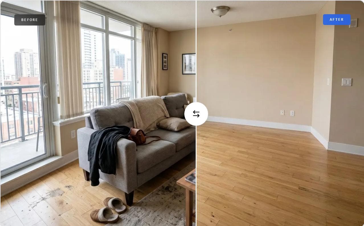 Occupied room before and after AI furniture removal
