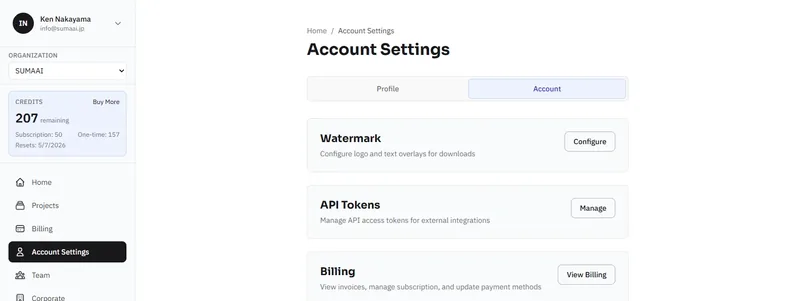 Account Settings Account tab showing Watermark, API Tokens, Billing, and Account Info