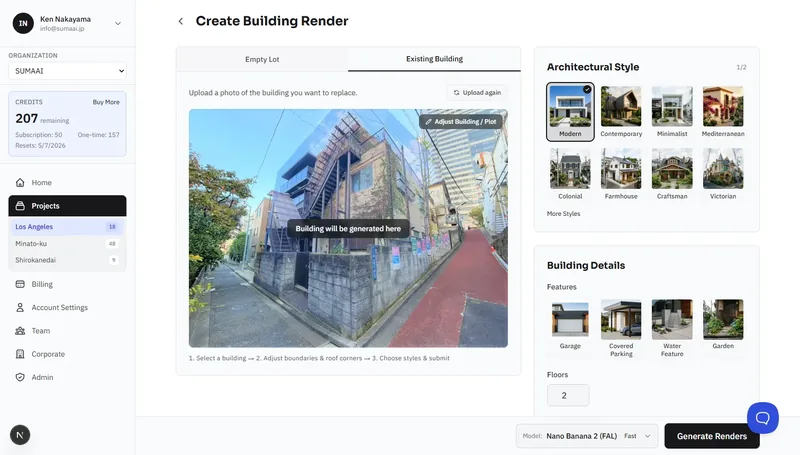 Existing building workflow showing uploaded building photo with detected building polygons