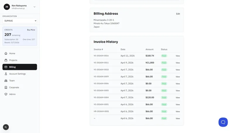 Invoice history showing past invoices with status and amounts