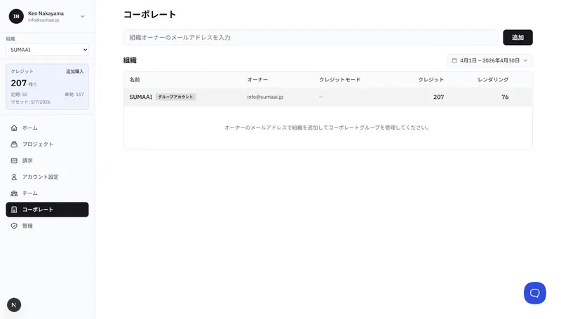クレジットモードとレンダー数を含む組織テーブルを示すCorporateページ