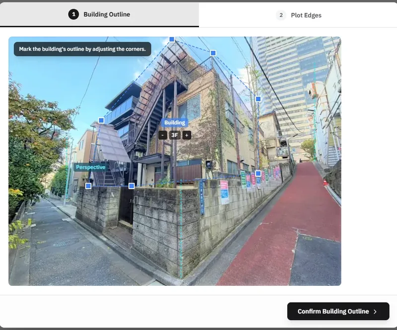 ドラッグ可能な角と階数コントロールで外観調整を示す建物エディター