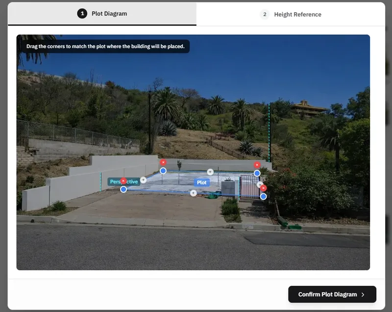 区画の境界線を調整するためのドラッグ可能な角を持つ区画図エディター