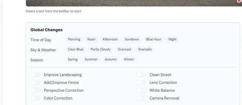 照明、色補正、パース補正のオプションがある全体変更パネル