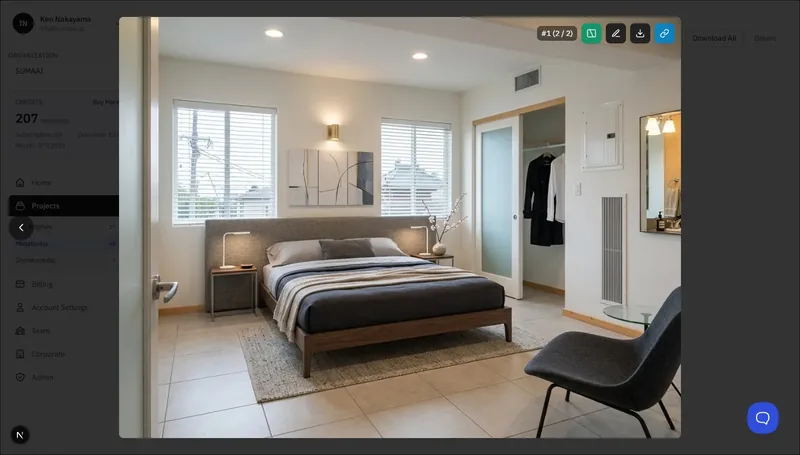 ナビゲーション矢印とアクションツールバーを備えたレンダー画像を表示する全画面ビューア