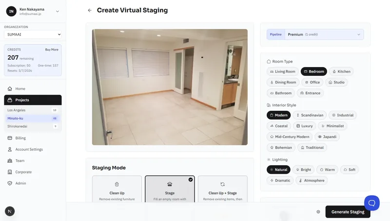 Staging options form with mode, style, room type, lighting, and quality settings