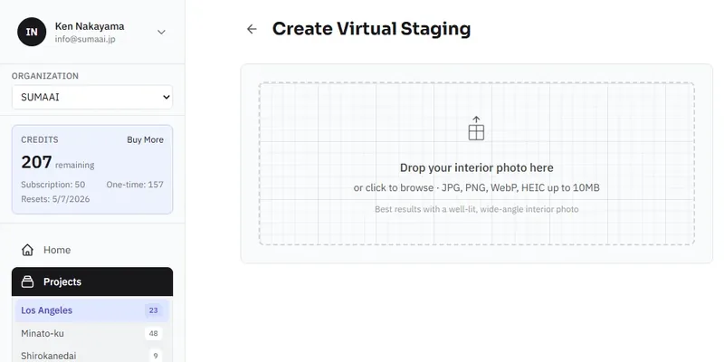 Virtual staging upload page with drag-and-drop zone
