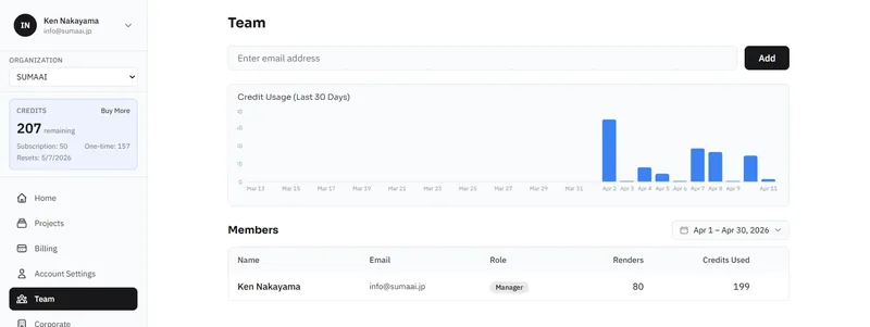 Team page showing invite field, credit usage chart, and member list